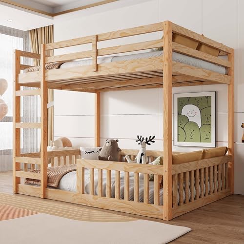 RUNNA Full Over Full Bunk Bed with Ladder, Guardrails,Natural
