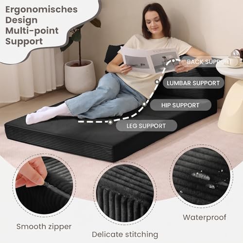 JUIKURY Folding Sofa Bed, Convertible Sleeper Chair with Pilow Foldable Matress, 2 in 1 Pull Out Loveseat Sofa Portable Fold Out Chair Bed Floor Couch Lounge for Living Room (Black, Queen)