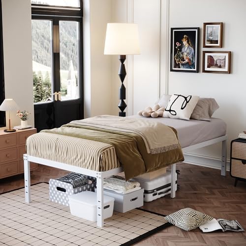 DiaOutro 18 Inch White Twin Bed Frame Heavy Duty Metal Platform