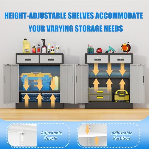 BESFUR Metal Storage Cabinet with Doors and Shelves, 36" H Locking Storage Cabinet with 2 Drawers, Reinforced Heavy Duty Metal Cabinets for Garage, Office, Home(Black and Silver)