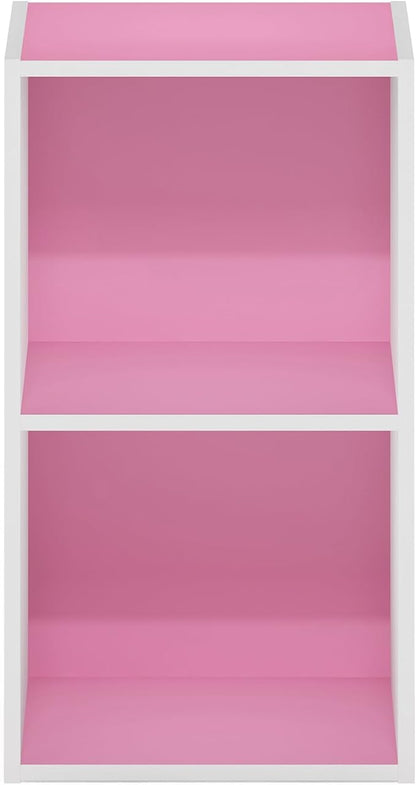 Furinno PASIR Book Shelf, 2-Tier Modern Bookshelf, Open Shelves Bookcase 9 x 12 x 21, Easy Assembly, for Living Room, Bedroom, Home Office, Pink/White