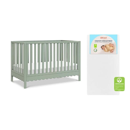 Davinci Sammy Scallop 4-in-1 Baby Crib & Mattress Bundle - Light Sage | Low-Profile Crib Convertible to Toddler Bed, Daybed, Full Bed - Easy to Assemble - Includes Mattress w/ Waterproof Cover