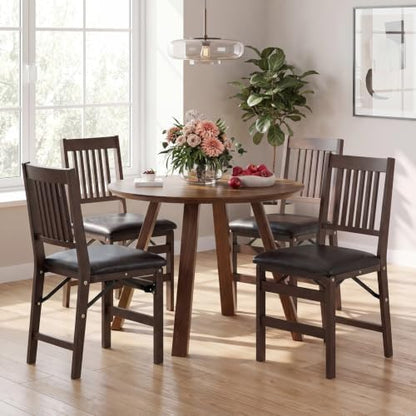 Wooden Folding Dining Chairs Set of 4 with Leather Cushion, Pre‑Assembled