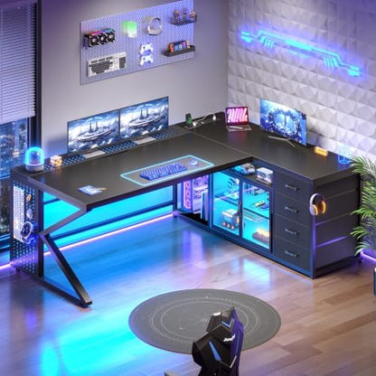 SEDETA 63"x27.6" L Shaped Gaming Desk with 4 Drawers, Carbon Fiber Black