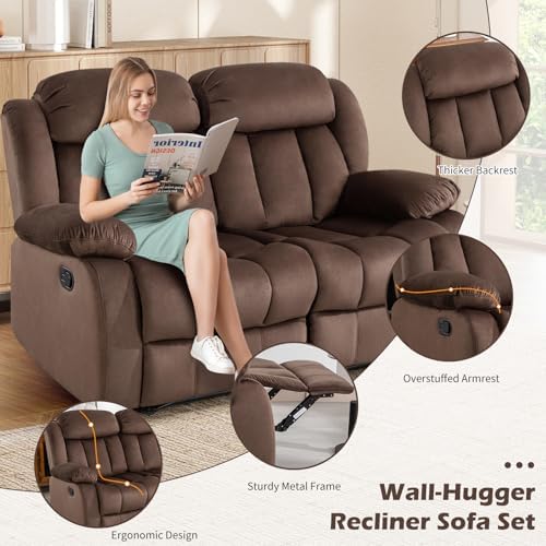 INZOY Manual Reclining Sofa Set, Included Manual Single Recliner Chair and Wall-Hugger 2 Seat Recliner Loveseat, Modern Double Reclining Sofa Couch for Living Room Furniture, Brown, 1+2