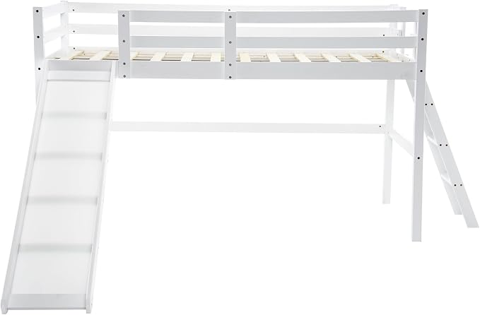 VINGLI Loft Bed with Slide, Twin Space Saving Kids Low Loft with Guardrail and Ladder, Pine Wood and Sturdy Single Bed Frame for Boys and Girls, White