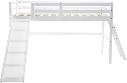 VINGLI Loft Bed with Slide, Twin Space Saving Kids Low Loft with Guardrail and Ladder, Pine Wood and Sturdy Single Bed Frame for Boys and Girls, White