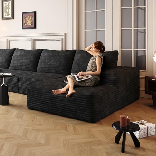 Eafurn 135" Oversized Right Facing Boneless Modular Sectional Sofa Couch with Chaise Lounge, 33D High-Density Foam Compressed Floor Couch with Deep Seat and Throw Pillows