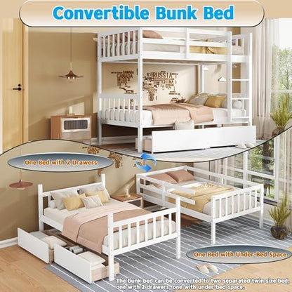 Harper & Bright Designs Wood Twin-Over-Twin Bunk Bed with 2 Storage Drawers and Ladder - Can Be Divided Into Two Platform Beds, White