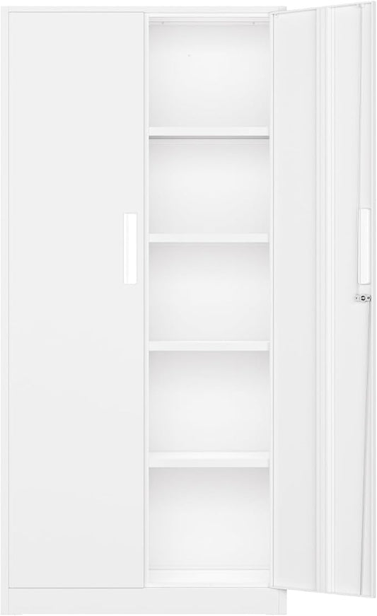 Bonusall 72" Metal Garage Storage Cabinet, 2 Locking Doors & 4 Adjustable Shelves Tall Storage, Heavy Duty Steel Tool Cabinet for Home, Office, Warehouse, School - White