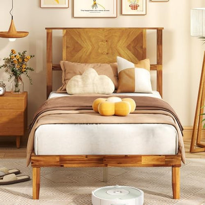KOMFOTT Twin Size Wood Bed Frame with Headboard, Solid Acacia Wood Platform Bed Frame, Wooden Slats Supported Bed Base with Under-Bed Storage Space, No Box Spring Needed Mattress Foundation