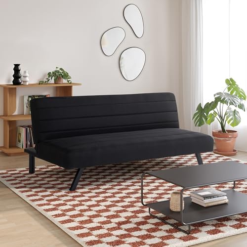 Serta® Damien 66.1” Convertible Futon Sofa, Sofa‑Lounger‑Bed Design, Dreamcoil® Comfort, FingerGuard® Safety, Woven Polyester Fabric, Black