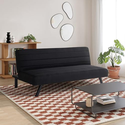 Serta® Damien 66.1” Convertible Futon Sofa, Sofa‑Lounger‑Bed Design, Dreamcoil® Comfort, FingerGuard® Safety, Woven Polyester Fabric, Black