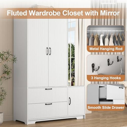 72'' Fluted Armoire Wardrobe Closet with Mirror Door and 2 Drawers,Tall Bedroom Armoire Wardrobe Cabinet with Hanging Rod,Wooden Bedroom Closet with 4 Adjustable Shelves (White)