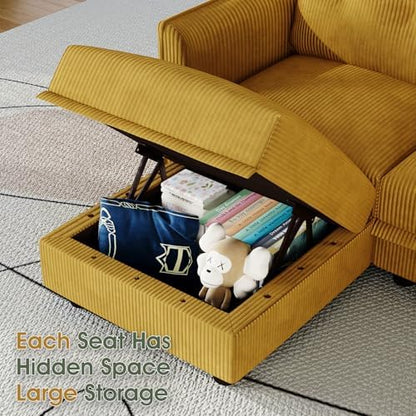 LLappuil Modular Sectional Sleeper Sofa with Storage, U Shaped 6-Seat Corduroy Couch with 5 Throw Pillows, Convertible Sofa Set for Living Room & Small Space, Skin-Friendly & Soft, Yellow