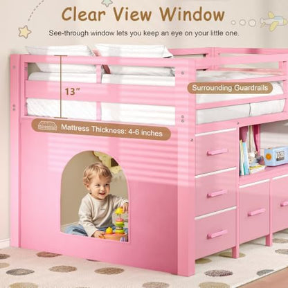 Feonase Low Loft Bed Twin Size with 8 Storage Drawers, Twin Loft Bed with Bookcase, Metal Kids Loft Bed with 13" H Safety Guardrail, Under-Bed Play Space and Play Curtain for Kids, Pink