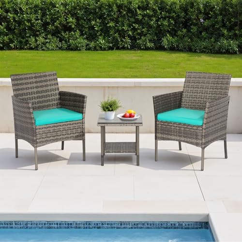 FDW 3-Piece Patio Furniture Set | Gray & Blue | Outdoor Wicker Furniture