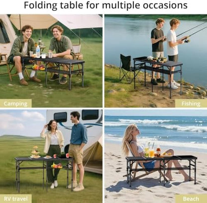 4-Fold Camping Table, 46” X 16” Portable Folding Camping Table, Black