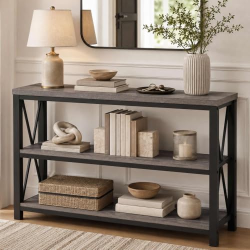 BON AUGURE 47In Entryway Table, 3-Tier Shelf Sofa Console Table, Grey Oak