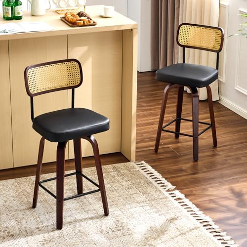 VINGLI Modern Bar Stool 26" H, PU Leather with Rattan Back, 360° Swivel, Solid Wood Legs Barstools for Kitchen Island & Home Bar, Black 2 Pack