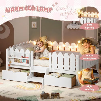 Bellemave Full Size Platform Bed with Storage Drawers & Bookshelf for Boys Girls, Kids Full Bed Frame with LED Lights & Stairs for Children's Room, White
