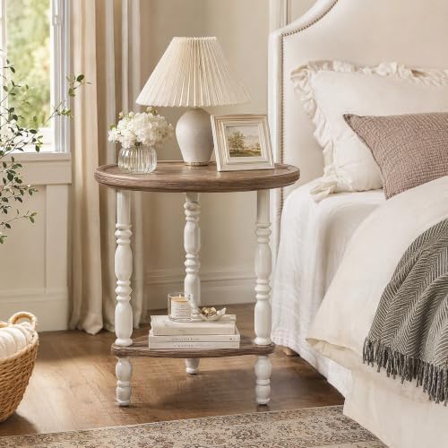 Round Side Table, Farmhouse 2-Tier End Table, White, 19.7"D x24"H
