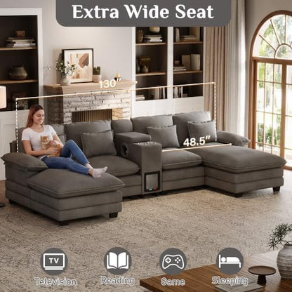 130" U Shaped Cloud Couch with Cat House,2 Chaise,Sensor Light, Stone Grey