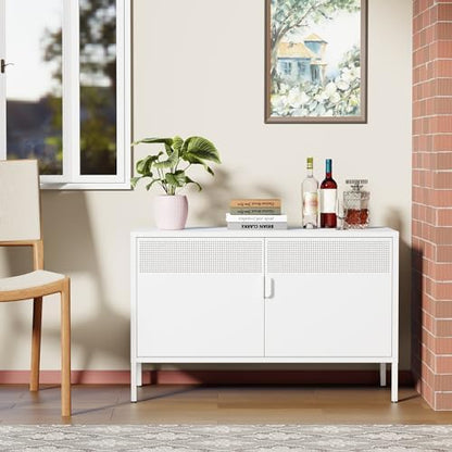 Ustamio White Metal Locker Storage Cabinet with Adjustable Shelf, Low Metal Storage Cabinet for Home Office, 2 Door Small Decorative Metal Locker Tv Stand Cabinet