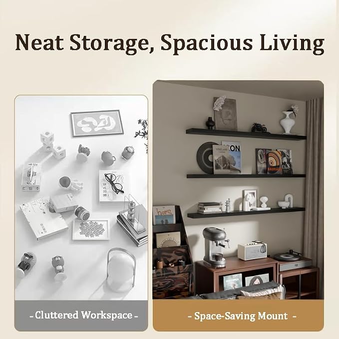 Floating Shelves for Wall, 60 Inch Extra Long Black Wall Shelves, Set of 3, Hanging Invisible Brackets Floating Shelves for Living Room,Bedroom,and Kitchen