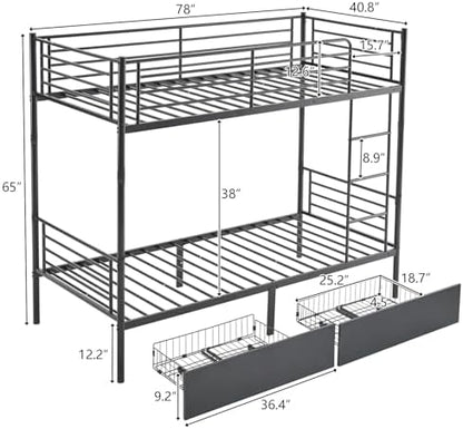 Karl home Black Bunk Bed Twin Over Twin with 2 Storage Drawers