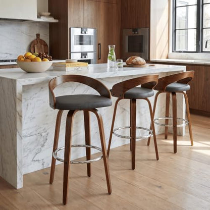 Armen Living Sonia 30" Bar Height Swivel Gray Faux Leather and Walnut Wood Bar Stool - Set of 4