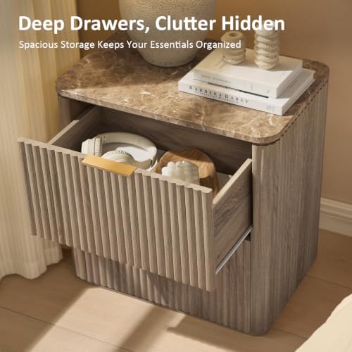 Curved Fluted Nightstand Set of 2 with Faux Marble Top, Natural Oak