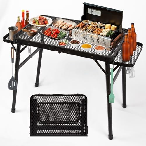 2.5 FT Picnic Table with 2 Wing Panels, Mesh Metal Folding Grill Table Height Adjustable & Lightweight & Portable Table for Outdoor Indoor Camping, Picnic, Beach and BBQ, RV