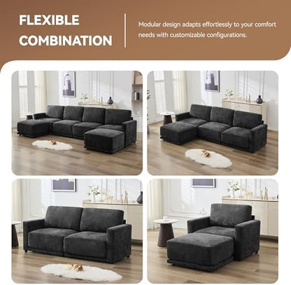 Modular Sectional Couch, 110.6" Chenille L Shaped Cloud Sofa, Black