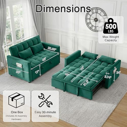 53" Sofa Bed, Velvet 3-in-1 Pull Out Couch & Loveseat Sleeper Sofa, Compact Convertible Folding Couch with Adjustable Backrest for Small Spaces (Green)