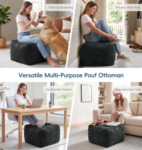Hobestluk Pouf Ottoman Foot Rest Chenille Square small ottoman, Black