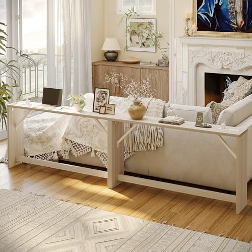TIQLAB 9.1 Inch Narrow Console Table with Power Outlet,Sofa Table Set of 2，Total Length 94'' Sofa Table Behind Couch，for Entryway&Living Room, Light Walnut