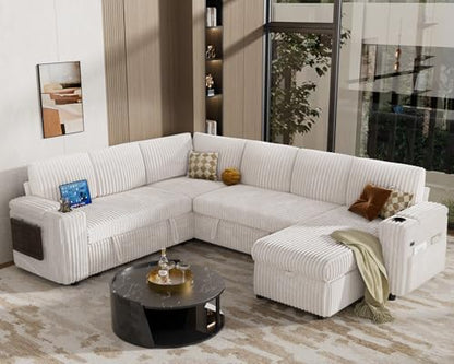 Vipbear 111" Modular Sectional Sleeper Sofa with Pull Out Bed, 7 Seat Plush Corduroy L Shaped Couch with Storage Chaise|USB Ports|Cup Holders|Side Table|Storage Armrests, Tool Free Assembly, Beige