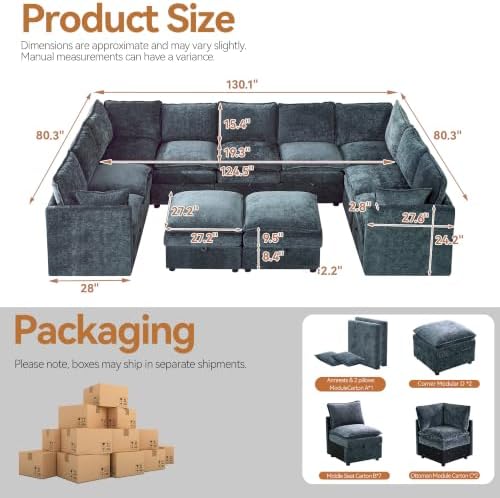 Modular Sectional Storage Sofa, 130" Oversized U-Shaped Couch, Blue