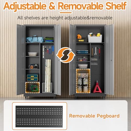 Metal Garage Storage Cabinet with 2 Doors, Adjustable Rolling Tool Storage Cabinet with Lock, 71" Steel Locking Broom Closet with Wheels and Shelves for Garage, Warehouse(Black&Gray, 71" H)