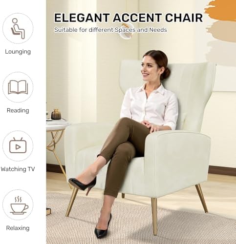 Nebuaegis Velvet Accent Chair Wingback for Living Room, High Back Arm Chair with Golden Legs Lumbar Pillow, Upholstered Single Sofa Bedroom Beige