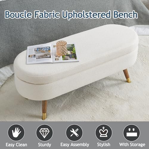 IAFIKE Oval Storage Bench 43.5" Ottoman Bench Upholstered Boucle Fabric Footrest Bench with Golden Metal Legs End of Bed for Bedroom, Living Room, Entryway,Bed Side (Ivory)