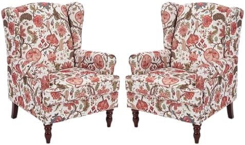 Mid Century Wingback Accent Chairs Set of 2 Floral Red