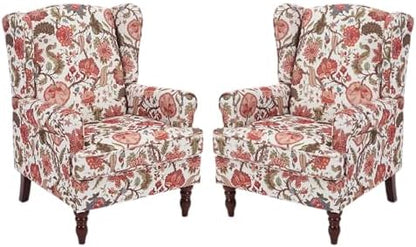Mid Century Wingback Accent Chairs Set of 2 Floral Red