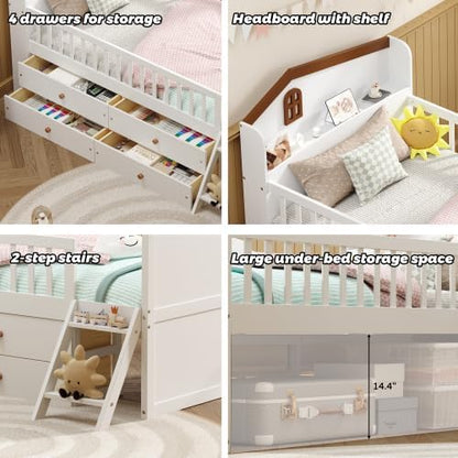 Bellemave Kids Twin Platform Bed with 4 Drawers & Storage Headboard, Wooden Twin Bed Frame with Safety Guardrails & Ladder for Kids Girls Boys, White