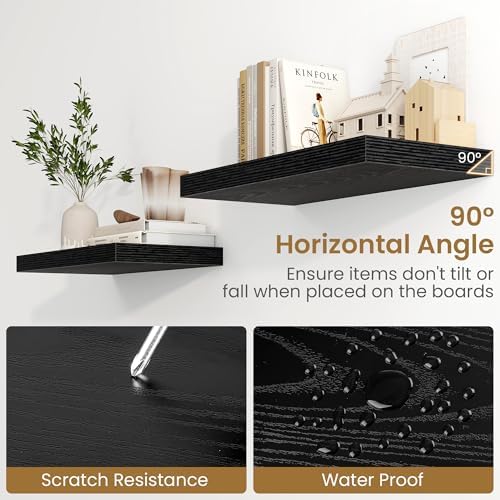 Black Floating Shelves 24 Inch Long, 9.3 Inch Deep Floating Shelf for Lving Room, Bedoom, Kitchen, Deep Wall Shelves for Bathroom, 2 Pack Storage Display Shelf for Books, Decors