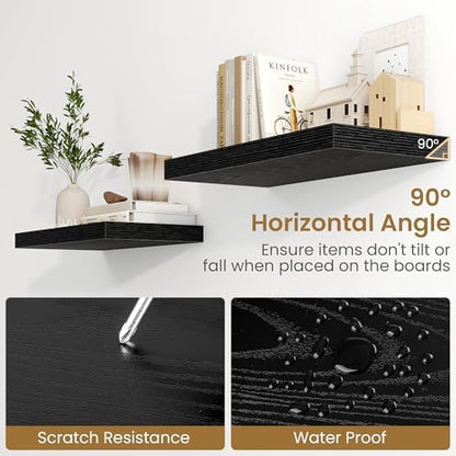 Black Floating Shelves 24 Inch Long, 9.3 Inch Deep Floating Shelf for Lving Room, Bedoom, Kitchen, Deep Wall Shelves for Bathroom, 2 Pack Storage Display Shelf for Books, Decors
