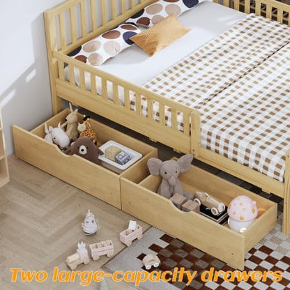 Bellemave Full Size Kids Platform Bed with Fences and 2 Drawers, Wooden Full Bed Frame with Guardrails on Both Sides for Boys Girls, Natural