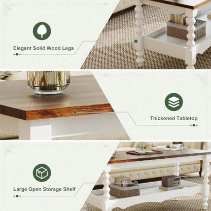 YOSHOOT Wood Coffee Table, Classical Coffee Tables, Center Table for Living Room, White 120