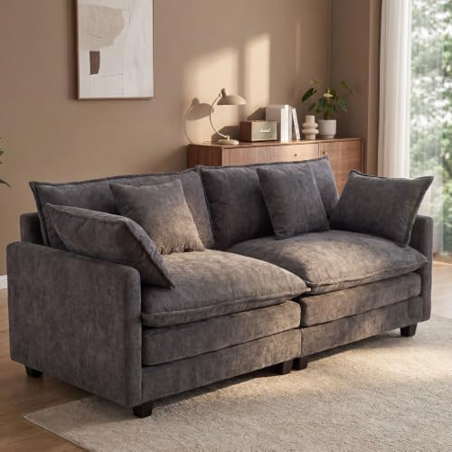 77" Cloud Chenille Sofa Set with Pillows, Deep Seat Loveseat Couch for Apartments, Space Saving 2-Seater with Solid Wood Frame, Easy Assembly (1YR Guarantee) Comfy, Grey